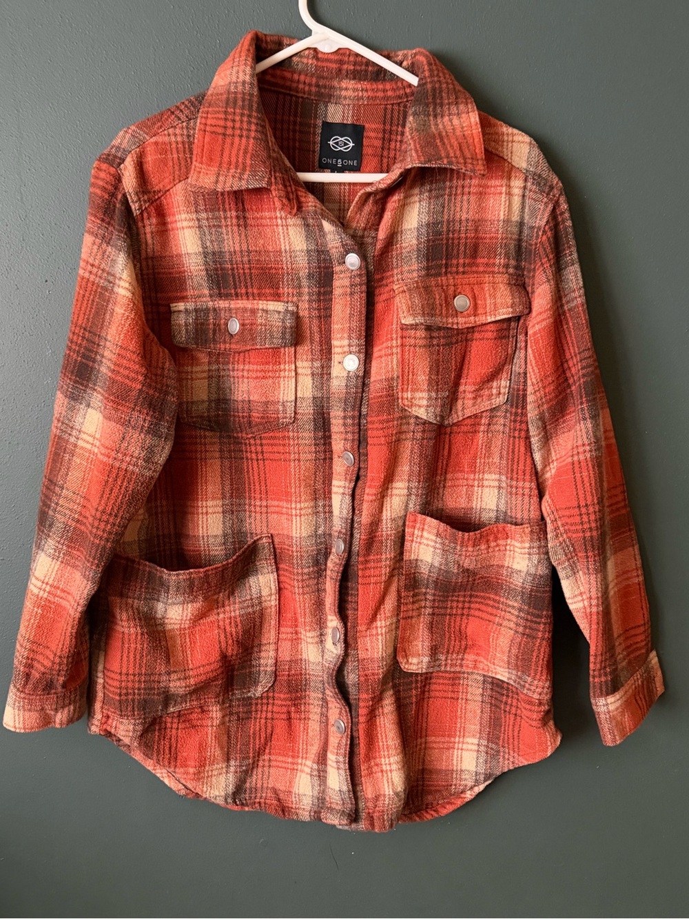 Women’s one5one large Orange Plaid Button-Front Shacket fall
